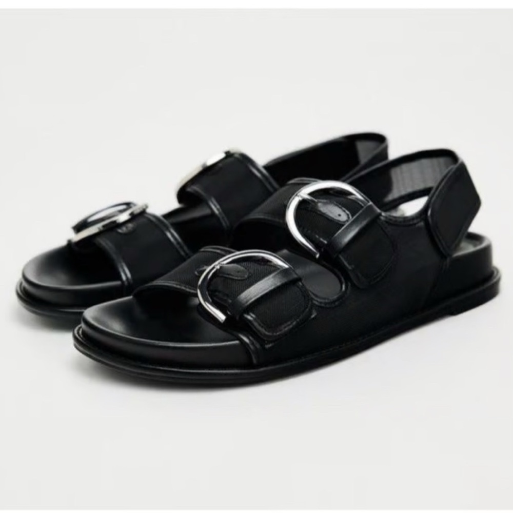 Zara Buckled Flat Mesh Sandals - Black - Size 37